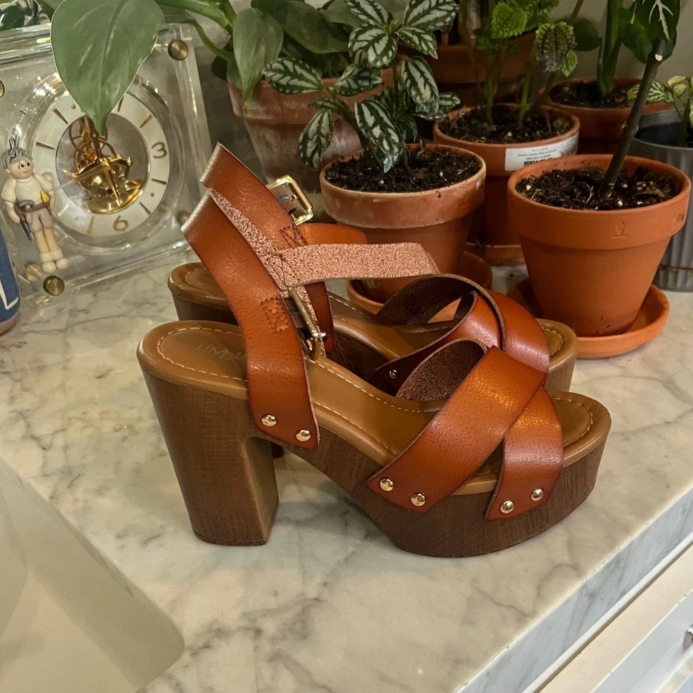 Brown Leather Platform Block Heel Y2K Boho Sandals 6 Studded Ankle Strap 70s